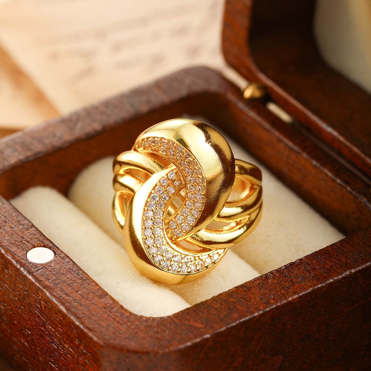 Gold Plated Zirconium Wide Ring, Adjustable Opening